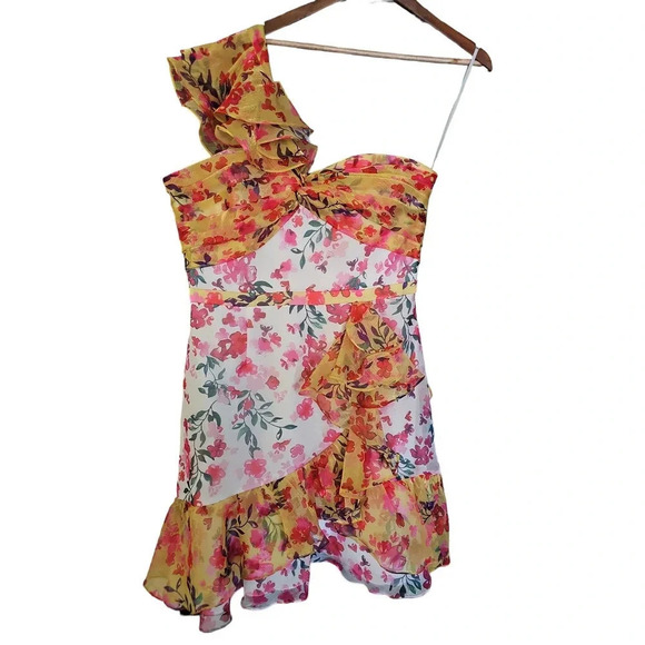 Marchesa Notte Colorblock Floral One-Shoulder Twisted Ruffle Dress Ivory Size 16 - Picture 7 of 13